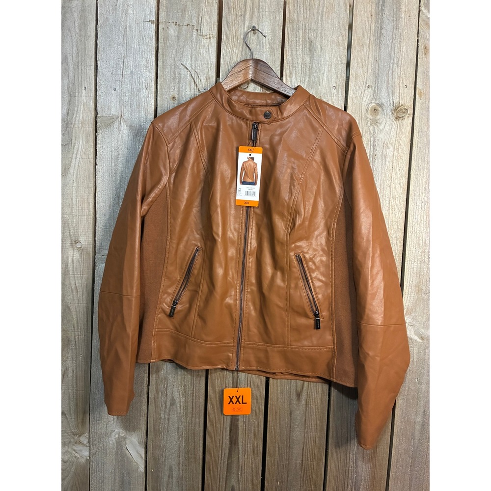 Kenneth Cole‎ New York Cognac Faux Leather Moto Jacket Brown XXL 17TMU702